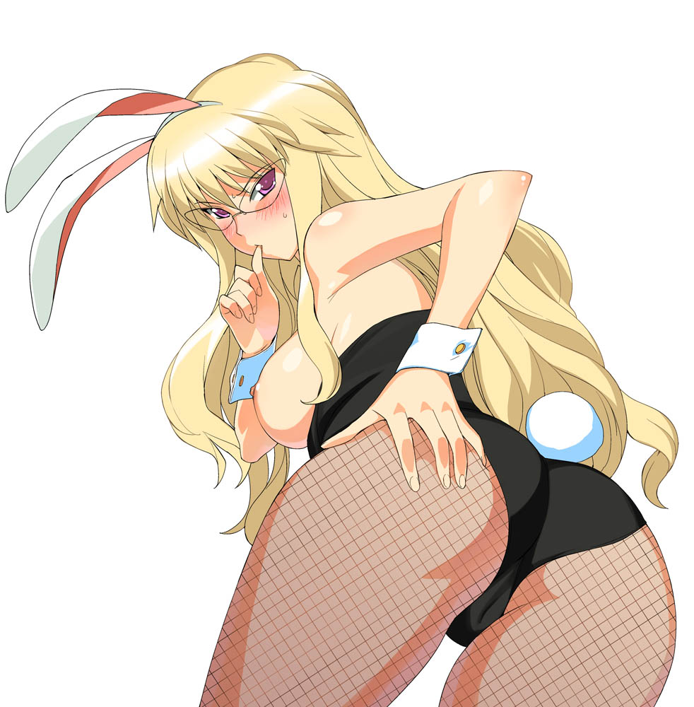 a1 (initial-g), eleanor albertine le blanc de la blois de la valliere, zero no tsukaima, 00s, 1girl, animal ears, ass, blonde hair, blush, breasts, fake animal ears, female focus, fishnet pantyhose, fishnets, glasses, large breasts, leotard, nipples, pantyhose, pink eyes, playboy bunny, rabbit ears, solo
