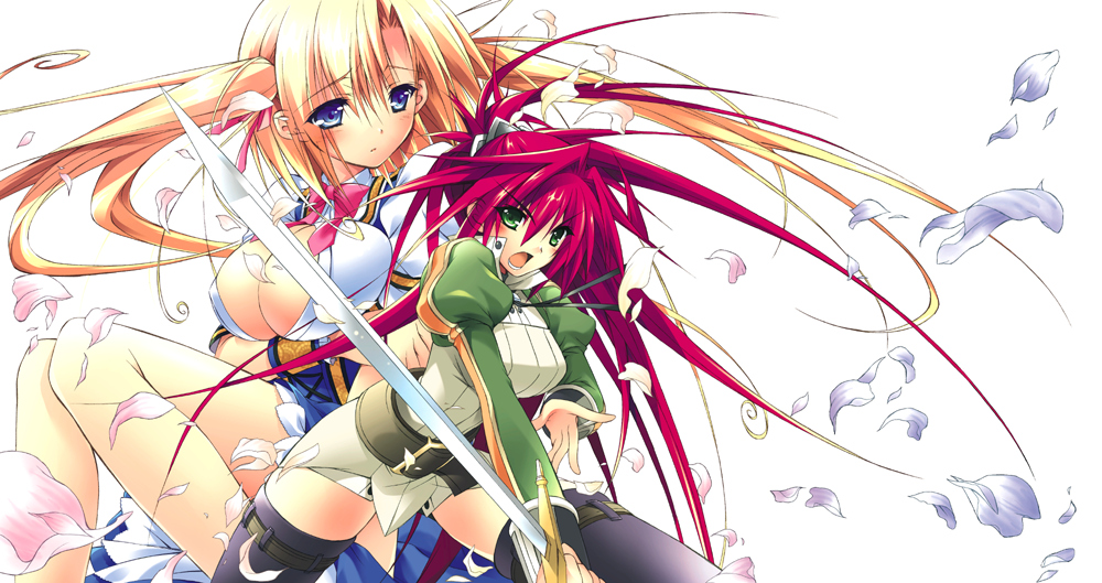 higa yukari, christina rey holden, garlet fey sowauge, shina dark, shina dark: kuroki tsuki no ou to souheiki no himegimi, 2girls, blonde hair, blue eyes, breasts, cleavage, fantasy, green eyes, large breasts, long hair, multiple girls, petals, red hair, sword, thighhighs, weapon, zettai ryouiki