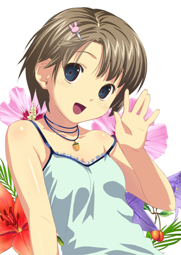 koutaro, original, lowres, 1girl, bare shoulders, blue eyes, brown hair, camisole, collarbone, female focus, hair ornament, hairclip, jewelry, necklace, pendant, short hair, simple background, sleeveless, solo, spaghetti strap, strap slip, waving, white background
