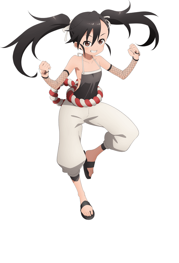 okuda yousuke, suzushiro (kunoichi tsubaki no mune no uchi), kunoichi tsubaki no mune no uchi, official art, 1girl, anime coloring, armpits, bare shoulders, black hair, black sandals, blush, breasts, brown eyes, clenched hands, collarbone, detached sleeves, fishnets, full body, hair ornament, hair ribbon, hairclip, halter shirt, halterneck, leg up, long hair, looking at viewer, ninja, open mouth, pants, ribbon, rope, rope belt, sandals, simple background, small breasts, smile, solo, standing, standing on one leg, tachi-e, teeth, transparent background, twintails, v-shaped eyebrows, w arms, white pants, white ribbon