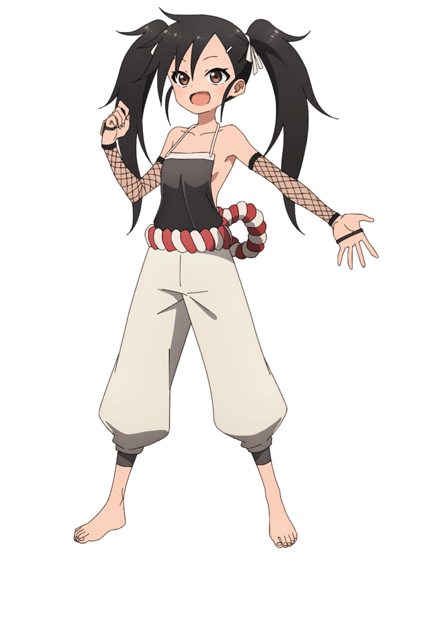 okuda yousuke, suzushiro (kunoichi tsubaki no mune no uchi), kunoichi tsubaki no mune no uchi, official art, 1girl, :d, anime coloring, armpits, bare shoulders, barefoot, black hair, breasts, brown eyes, clenched hand, detached sleeves, fishnets, full body, hair ornament, hair ribbon, hairclip, halter shirt, halterneck, hand up, long hair, looking at viewer, ninja, open hand, open mouth, outstretched arm, palms, pants, ribbon, rope, rope belt, simple background, small breasts, smile, solo, spread fingers, standing, tachi-e, transparent background, twintails, white pants, white ribbon
