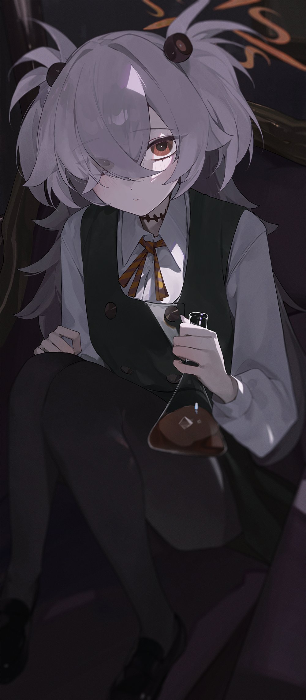 kji (rozo), kanoe (blue archive), blue archive, highres, 1girl, ampule, black shoes, black skirt, black thighhighs, breasts, chair, closed mouth, full body, grey hair, hair ornament, hair over one eye, halo, holding, long hair, long sleeves, looking at viewer, orange eyes, orange halo, pantyhose, scar, scar on neck, school uniform, shoes, simple background, sitting, skirt, small breasts, solo, solo focus, thighhighs, twintails