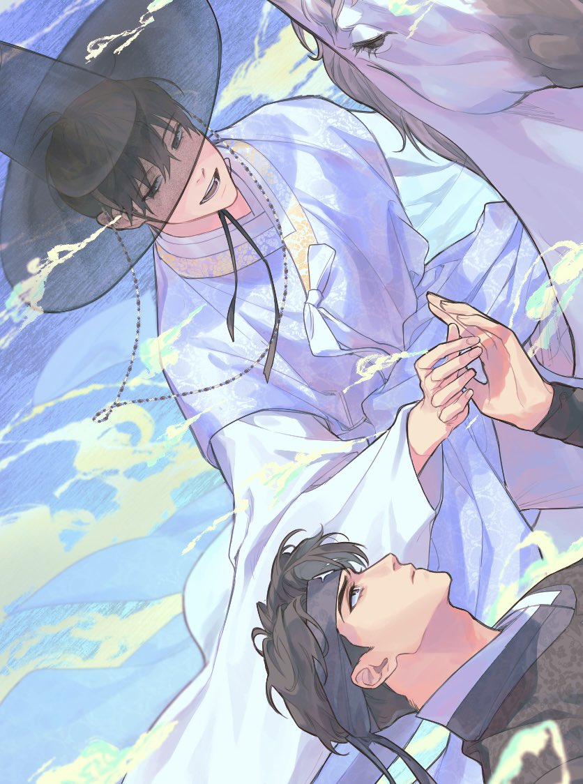 guding nut, kim dokja, yoo joonghyuk, omniscient reader's viewpoint, clothing request, 2boys, alternate costume, animal, black eyes, black hair, cloud, cloudy sky, day, hat, headband, holding hands, horseback riding, korean clothes, multiple boys, outdoors, riding, see-through clothes, short hair, sideburns, sideways, sky, top hat, white horse