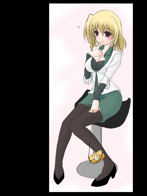 frapowa, shamal, lyrical nanoha, mahou shoujo lyrical nanoha, mahou shoujo lyrical nanoha strikers, 00s, 1girl, bag, blonde hair, earrings, female focus, finger to mouth, handbag, jewelry, pantyhose, solo