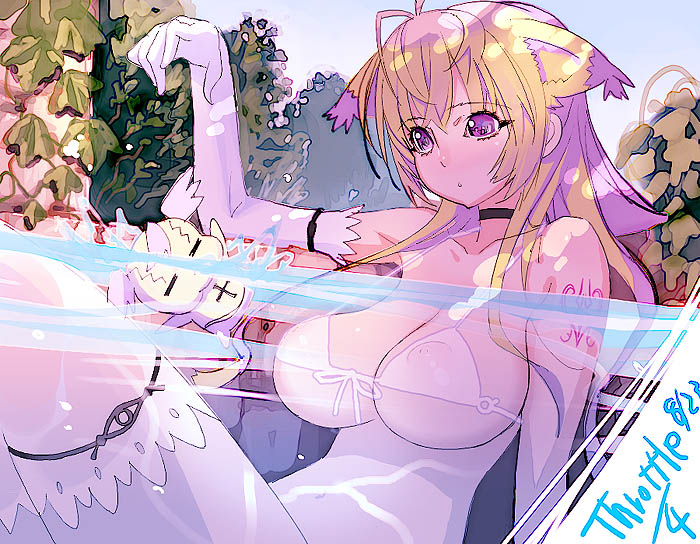 sanbasou, original, 1girl, animal ears, bikini, bikini top only, blonde hair, breasts, cat ears, choker, covered erect nipples, day, dropping, elbow gloves, female focus, gloves, large breasts, red eyes, see-through clothes, solo, swimsuit, thighhighs, underwater, white bikini