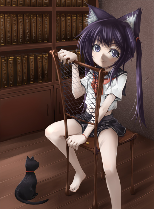 aize, original, 1girl, animal ears, cat ears, female focus, school uniform, serafuku, sitting, sitting backwards, solo
