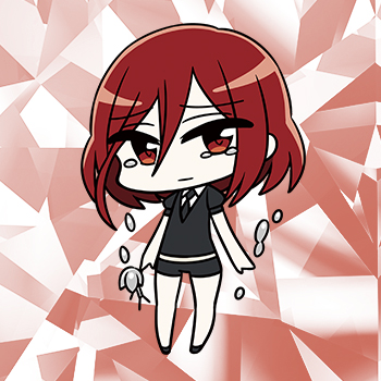 cinnabar (houseki no kuni), houseki no kuni, artist request, lowres, official art, 1other, black jacket, black necktie, black shorts, chibi, chibi only, full body, gem uniform (houseki no kuni), hair between eyes, jacket, looking at viewer, necktie, other focus, puffy short sleeves, puffy sleeves, red background, red eyes, red hair, short hair, short shorts, short sleeves, shorts, solo, tearing up