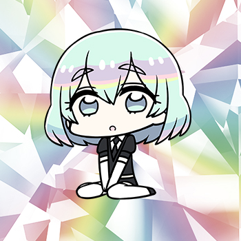 diamond (houseki no kuni), houseki no kuni, artist request, lowres, official art, 1other, between legs, black jacket, black necktie, black shorts, chibi, chibi only, full body, gem uniform (houseki no kuni), hand between legs, iridescent, jacket, looking at viewer, necktie, open mouth, other focus, puffy short sleeves, puffy sleeves, short hair, short shorts, short sleeves, shorts, sitting, solo, thighhighs, wariza, white thighhighs