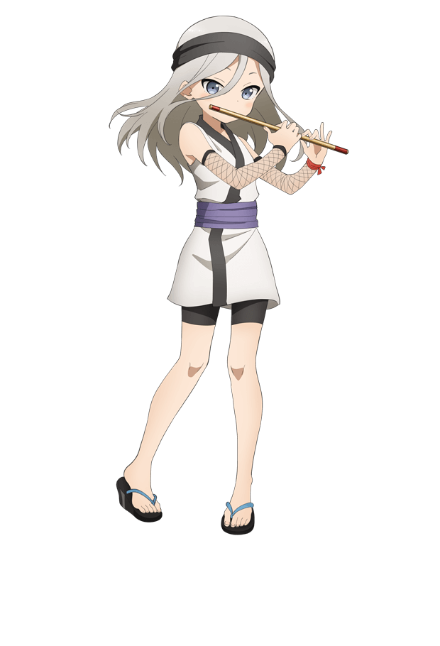 okuda yousuke, hototogisu (kunoichi tsubaki no mune no uchi), kunoichi tsubaki no mune no uchi, official art, 1girl, anime coloring, bare shoulders, bike shorts, black headband, black sandals, blush, breasts, detached sleeves, flat chest, flute, full body, grey eyes, grey hair, hair between eyes, headband, holding, holding flute, holding instrument, instrument, japanese clothes, kimono, long hair, long hair between eyes, long sidelocks, looking at viewer, ninja, obi, purple sash, red ribbon, ribbon, sandals, sash, short kimono, sidelocks, simple background, sleeveless, solo, standing, tachi-e, transparent background, tsurime, two-handed, v-shaped eyebrows, white kimono, zouri