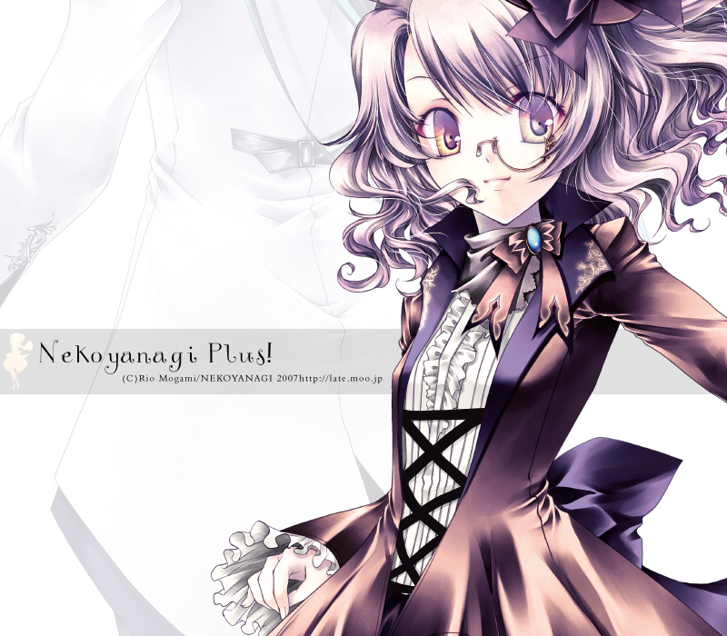mogami rio, original, looking away, 1girl, artist name, dress, female focus, frilled sleeves, frills, gem, hair ribbon, long sleeves, monocle, projected inset, purple eyes, purple hair, ribbon, short hair, smile, solo