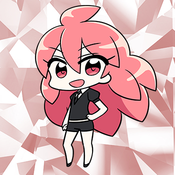 morganite (houseki no kuni), houseki no kuni, artist request, lowres, official art, 1other, black jacket, black necktie, black shorts, chibi, chibi only, full body, gem uniform (houseki no kuni), hand on own hip, jacket, long hair, looking at viewer, necktie, open mouth, other focus, pink eyes, pink hair, puffy short sleeves, puffy sleeves, red background, short shorts, short sleeves, shorts, solo