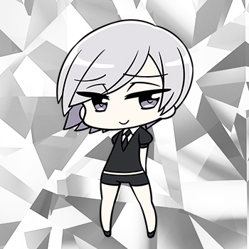 goshenite (houseki no kuni), houseki no kuni, artist request, lowres, official art, 1other, arms behind back, black jacket, black necktie, black shorts, chibi, chibi only, full body, gem uniform (houseki no kuni), grey background, jacket, looking at viewer, necktie, other focus, puffy short sleeves, puffy sleeves, short hair, short shorts, short sleeves, shorts, smile, solo, white eyes, white hair