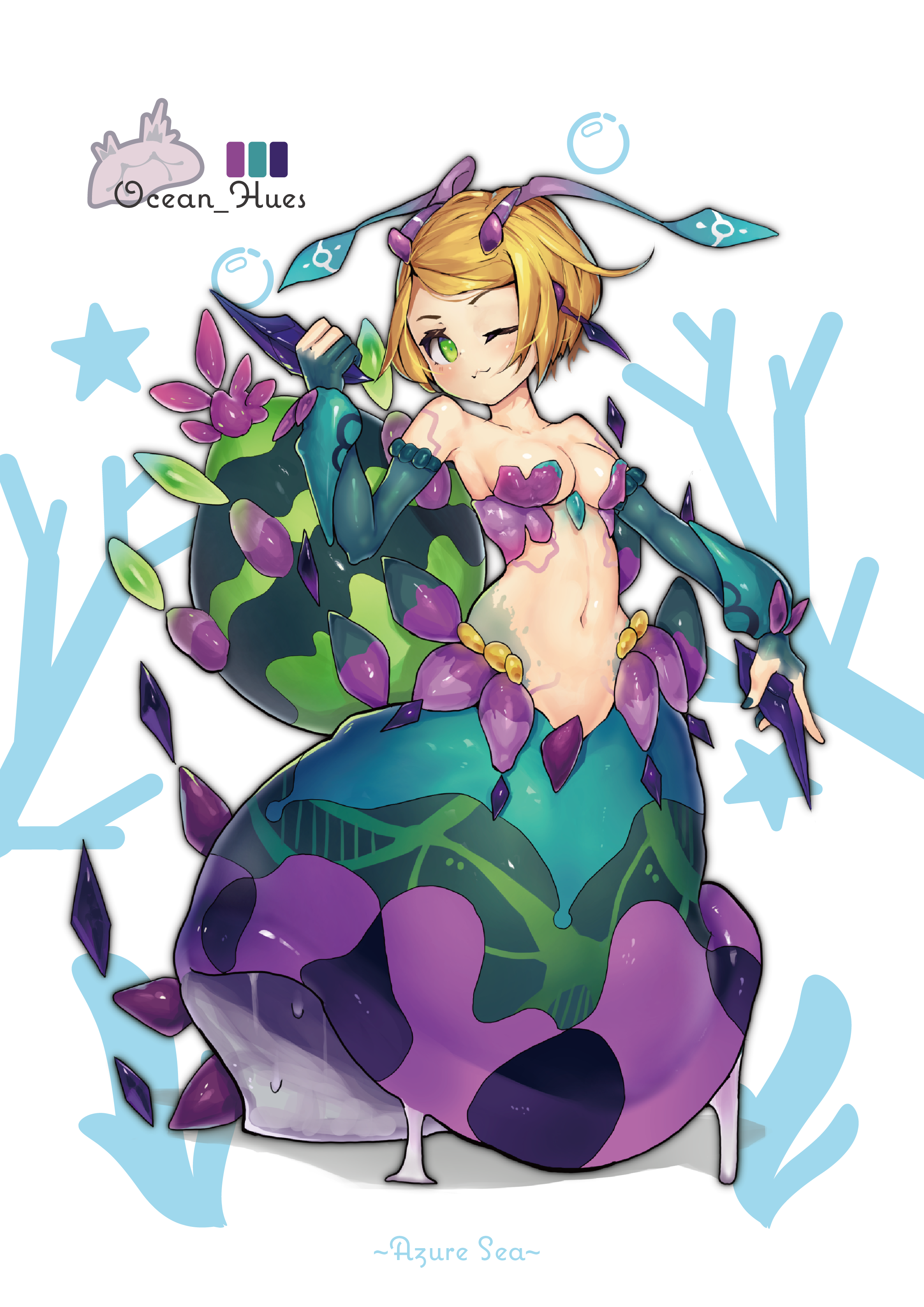 shitoi (aqua1487), original, absurdres, commentary request, highres, 1girl, :3, antennae, aqua skin, artist name, bare shoulders, blonde hair, blush, breasts, bubble, cleavage, closed mouth, colored skin, coral, green eyes, green nails, green skin, holding thorn, medium breasts, monster girl, multicolored skin, navel, no pupils, one eye closed, purple skin, sea slug girl, sidelocks, slime (substance), solo, spikes, star (symbol), stomach, striped skin, tail, taur, white background
