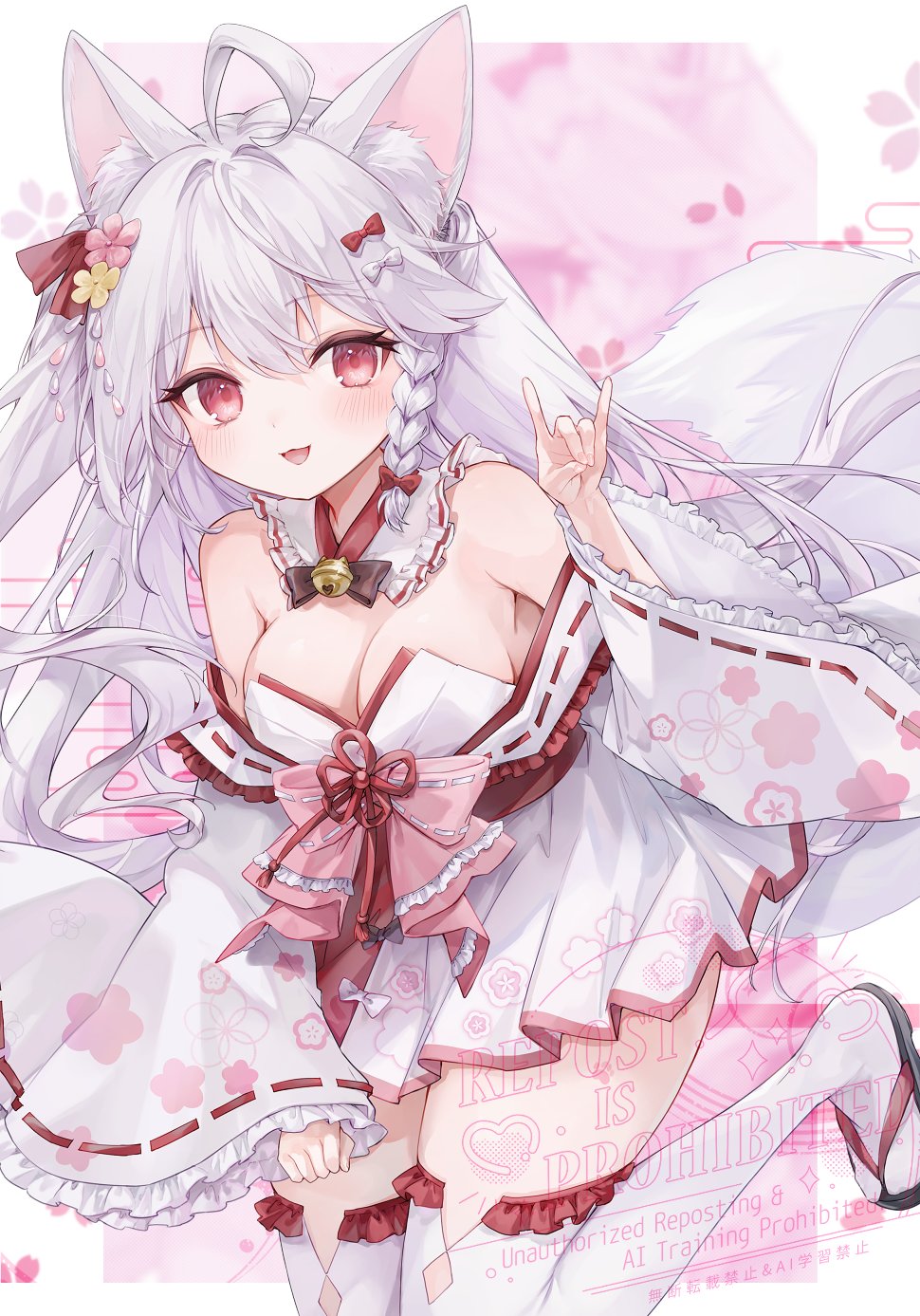 ukishizumi, original, highres, 1girl, ahoge, animal ear fluff, animal ears, bell, blush, bow, braid, breasts, cleavage, dress, flower, hair flower, hair ornament, large breasts, long hair, long sleeves, looking at viewer, neck bell, open mouth, red eyes, sandals, smile, solo, strapless, strapless dress, tail, thighhighs, very long hair, white dress, white hair, white thighhighs