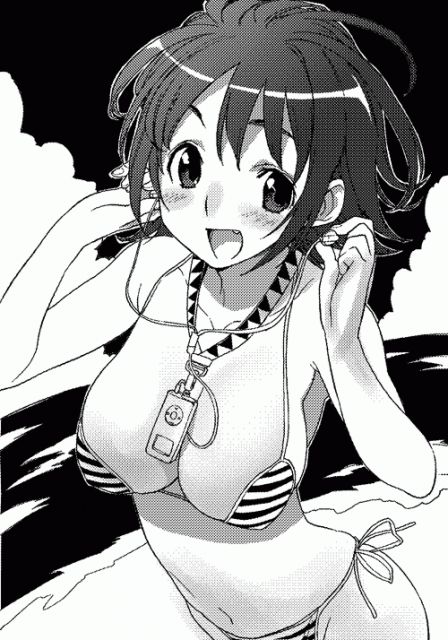 sameda koban, 1girl, bikini, breasts, cleavage, digital media player, fang, female focus, greyscale, ipod, large breasts, monochrome, side-tie bikini bottom, solo, striped bikini, striped clothes, swimsuit