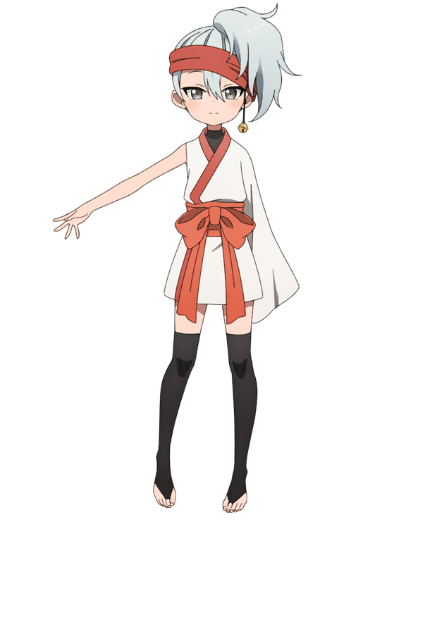 okuda yousuke, uikyou (kunoichi tsubaki no mune no uchi), kunoichi tsubaki no mune no uchi, official art, 1girl, anime coloring, asymmetrical sleeves, bell, black thighhighs, breasts, bridal legwear, closed mouth, earrings, flat chest, full body, grey eyes, grey hair, hair between eyes, headband, japanese clothes, jewelry, kimono, long sleeves, looking at viewer, medium hair, ninja, obi, open hand, orange sash, outstretched arm, ponytail, red headband, sash, simple background, sleeves past wrists, smile, solo, standing, tachi-e, thighhighs, toeless legwear, transparent background, tsurime, white kimono, wide sleeves