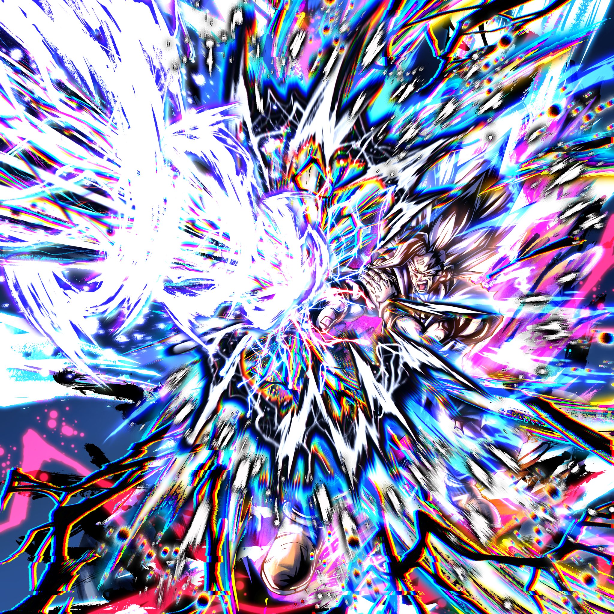 gohan beast, son gohan, dragon ball, dragon ball super, dragon ball super super hero, highres, 1boy, brown shoes, buuchan dbart, dougi, electricity, energy beam, floating hair, grey hair, light particles, long hair, makankousappou, muscular, muscular male, purple shirt, red eyes, saiyan, shirt, shoes, solo, teeth