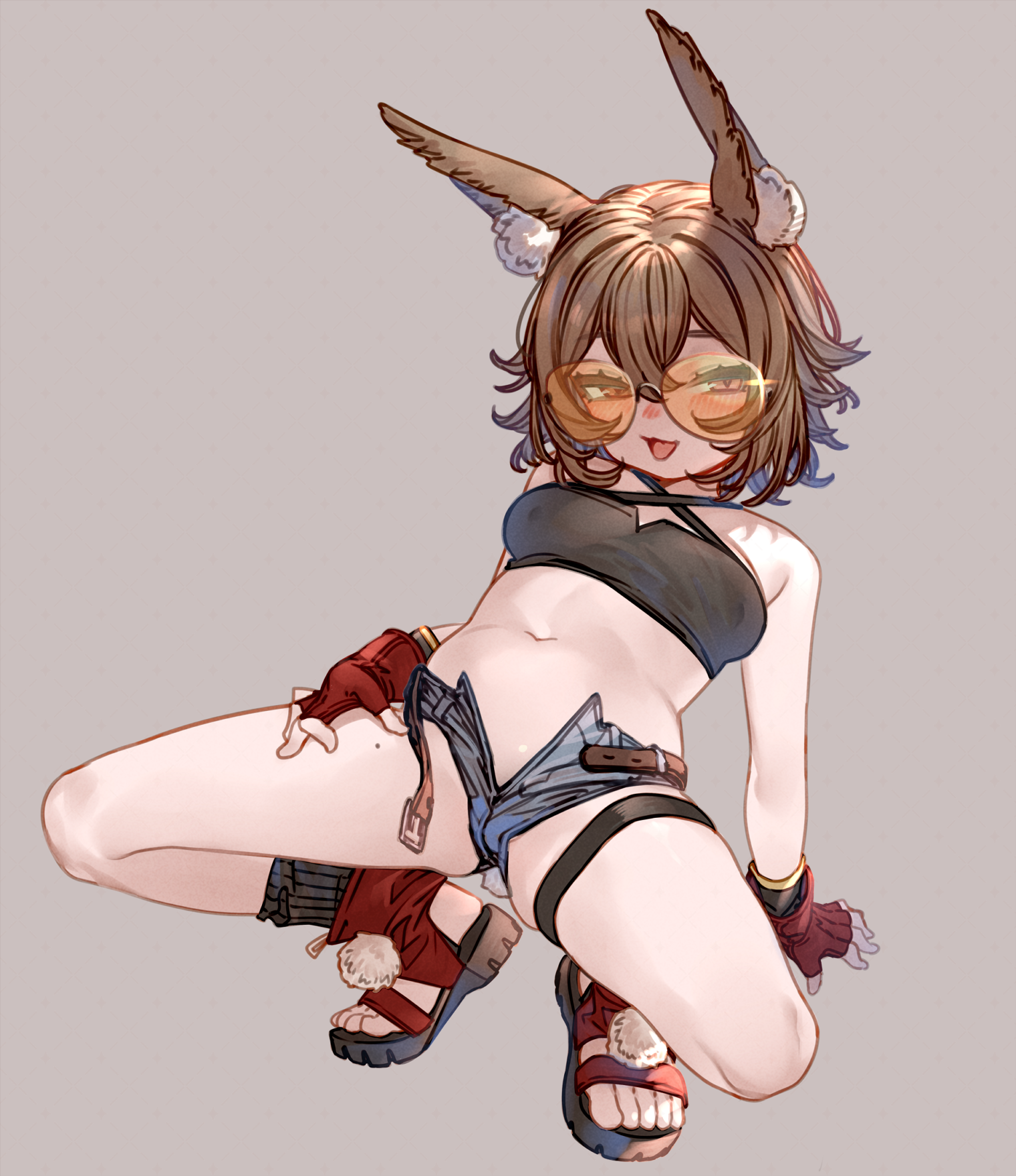 kochiya (gothope), caper (arknights), caper (summer flowers) (arknights), arknights, highres, 1girl, animal ears, black shirt, black socks, blue shorts, breasts, brown background, brown eyes, brown hair, covered erect nipples, fingerless gloves, full body, gloves, leaning back, long hair, looking at viewer, medium breasts, navel, open mouth, rabbit ears, rabbit girl, red gloves, sandals, shirt, shorts, simple background, smile, socks, solo, spread legs, squatting, sunglasses, unzipped