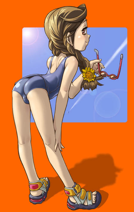 sameda koban, 1girl, ass, bent over, blue one-piece swimsuit, braid, brown eyes, brown hair, contrail, female focus, flower, from behind, full body, hair flower, hair ornament, holding, holding removed eyewear, looking back, one-piece swimsuit, sandals, school swimsuit, solo, standing, sunflower, sunflower hair ornament, sunglasses, swimsuit, twin braids, unworn eyewear
