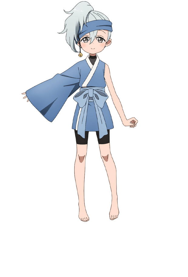 okuda yousuke, kikyou (kunoichi tsubaki no mune no uchi), kunoichi tsubaki no mune no uchi, official art, 1girl, anime coloring, asymmetrical sleeves, bell, bike shorts, blue headband, blue kimono, blue sash, breasts, closed mouth, earrings, flat chest, full body, grey eyes, grey hair, hair between eyes, headband, japanese clothes, jewelry, kimono, long sleeves, looking at viewer, medium hair, ninja, obi, outstretched arm, ponytail, sash, simple background, smile, solo, standing, tachi-e, transparent background, wide sleeves