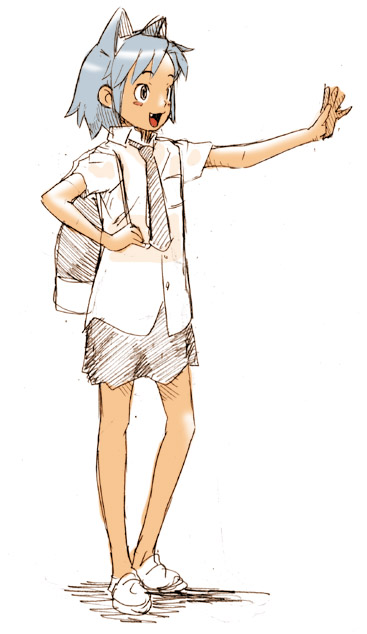 wang-pac, animal ears, blue eyes, cat ears, fang, school uniform, serafuku, simple background, sketch, solo, standing, white background