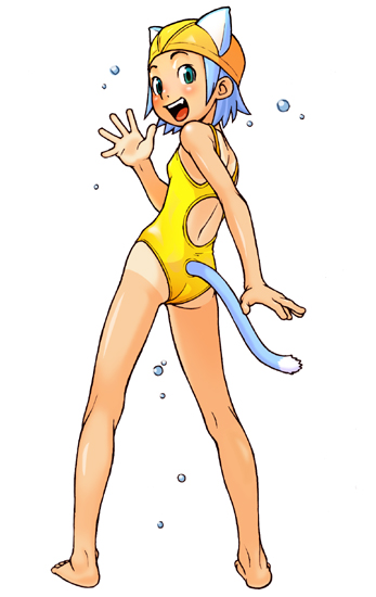 wang-pac, 1girl, animal ears, aqua eyes, ass, barefoot, blue hair, cat ears, cat tail, clothing cutout, competition swimsuit, female focus, from behind, full body, kneepits, legs apart, looking back, one-piece swimsuit, one-piece tan, short hair, simple background, solo, standing, swim cap, swimsuit, tail, tail through clothes, tan, tanline, teeth, upper teeth only, waving, white background, yellow one-piece swimsuit