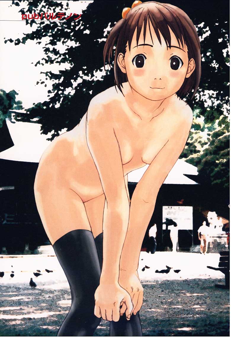 wang-pac, 1girl, bent over, black eyes, black thighhighs, blush, breasts, brown hair, building, collarbone, day, female focus, flat chest, hair bobbles, hair ornament, looking at viewer, nude, photo background, ponytail, public indecency, short hair, side ponytail, small breasts, smile, solo, thighhighs, tree, zenra