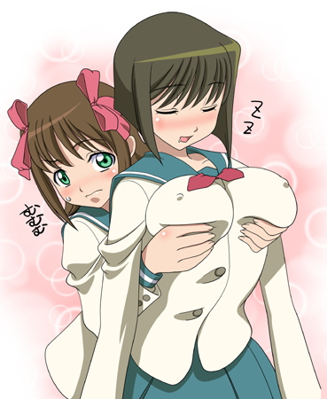 amami haruka, hagiwara yukiho, idolmaster, idolmaster xenoglossia, lowres, 00s, 2girls, :d, ^ ^, blue sailor collar, blush, breasts, brown hair, closed eyes, covered erect nipples, drooling, grabbing another's breast, groping, hug, hug from behind, large breasts, multiple girls, nose blush, open mouth, pleated skirt, sailor, sailor collar, school uniform, skirt, sleep molestation, sleeping, smile, standing, twintails, upper body, yuri