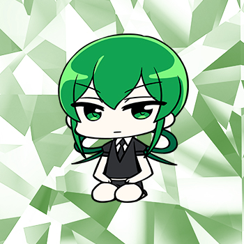 jade (houseki no kuni), houseki no kuni, artist request, lowres, official art, 1other, black jacket, black necktie, black shorts, chibi, chibi only, expressionless, full body, gem uniform (houseki no kuni), green background, green eyes, green hair, hair rings, hands on own legs, jacket, looking at viewer, necktie, other focus, puffy short sleeves, puffy sleeves, seiza, short shorts, short sleeves, shorts, sitting