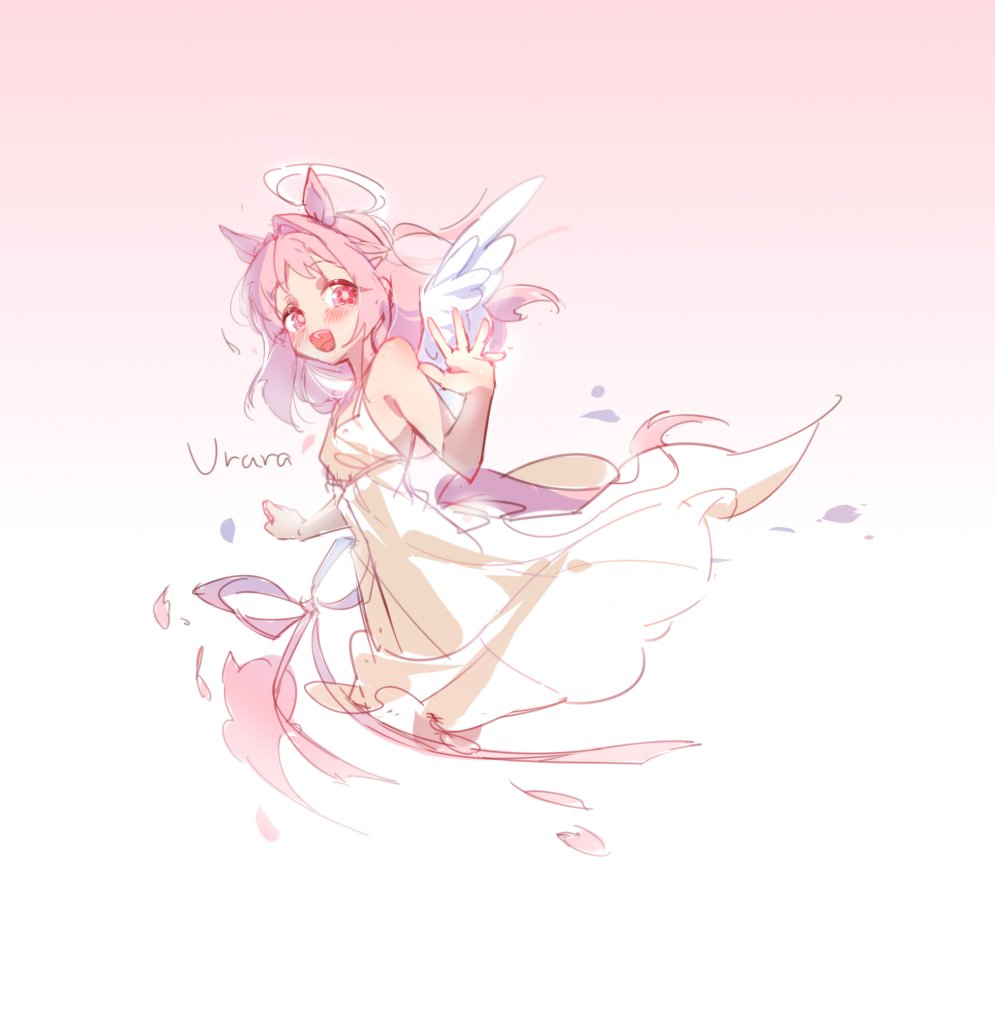beiqi coconut, haru urara (umamusume), umamusume, 1girl, angel wings, animal ears, bare shoulders, blush, dress, flower-shaped pupils, flower in eye, halo, horse ears, horse girl, horse tail, long hair, open mouth, pink eyes, pink hair, ponytail, sleeveless, sleeveless dress, smile, solo, symbol-shaped pupils, symbol in eye, tail, white dress, wings