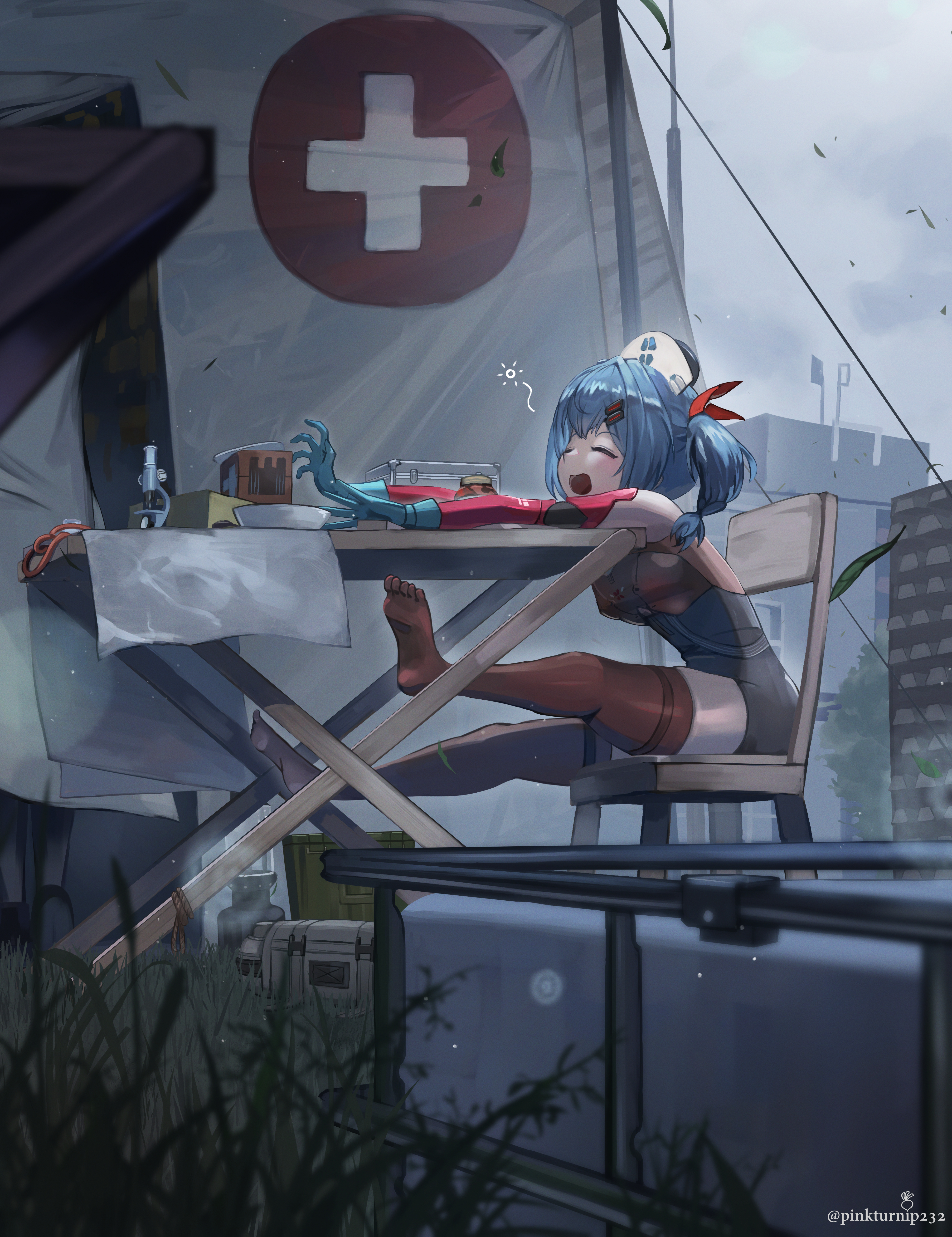 pinkturnip232, colphne (girls' frontline 2), colphne (silent heart) (girls' frontline 2), girls' frontline, girls' frontline 2: exilium, absurdres, highres, 1girl, bag, black bodysuit, blue gloves, blue hair, bodysuit, bowl, braid, breasts, chair, closed eyes, cloth, cloud, cloudy sky, container, cross, feet, gloves, grass, hair ornament, hair ribbon, hairclip, hat, medium hair, microscope, no shoes, nurse cap, open mouth, outdoors, red ribbon, ribbon, rope, sitting, skindentation, sky, sleeveless, sleeveless bodysuit, small breasts, solo, squeans, stretching, table, thighhighs, toes, twitter username, zettai ryouiki