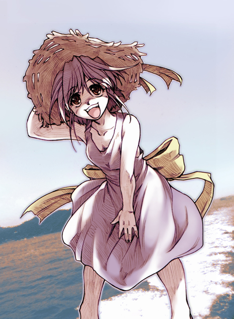 hisahiko, original, 1girl, beach, brown eyes, day, dress, female focus, hat, open mouth, solo, straw hat