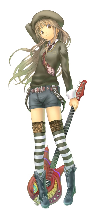 sabamu, original, bass guitar, guitar, hat, instrument, solo, striped clothes, striped thighhighs, thighhighs