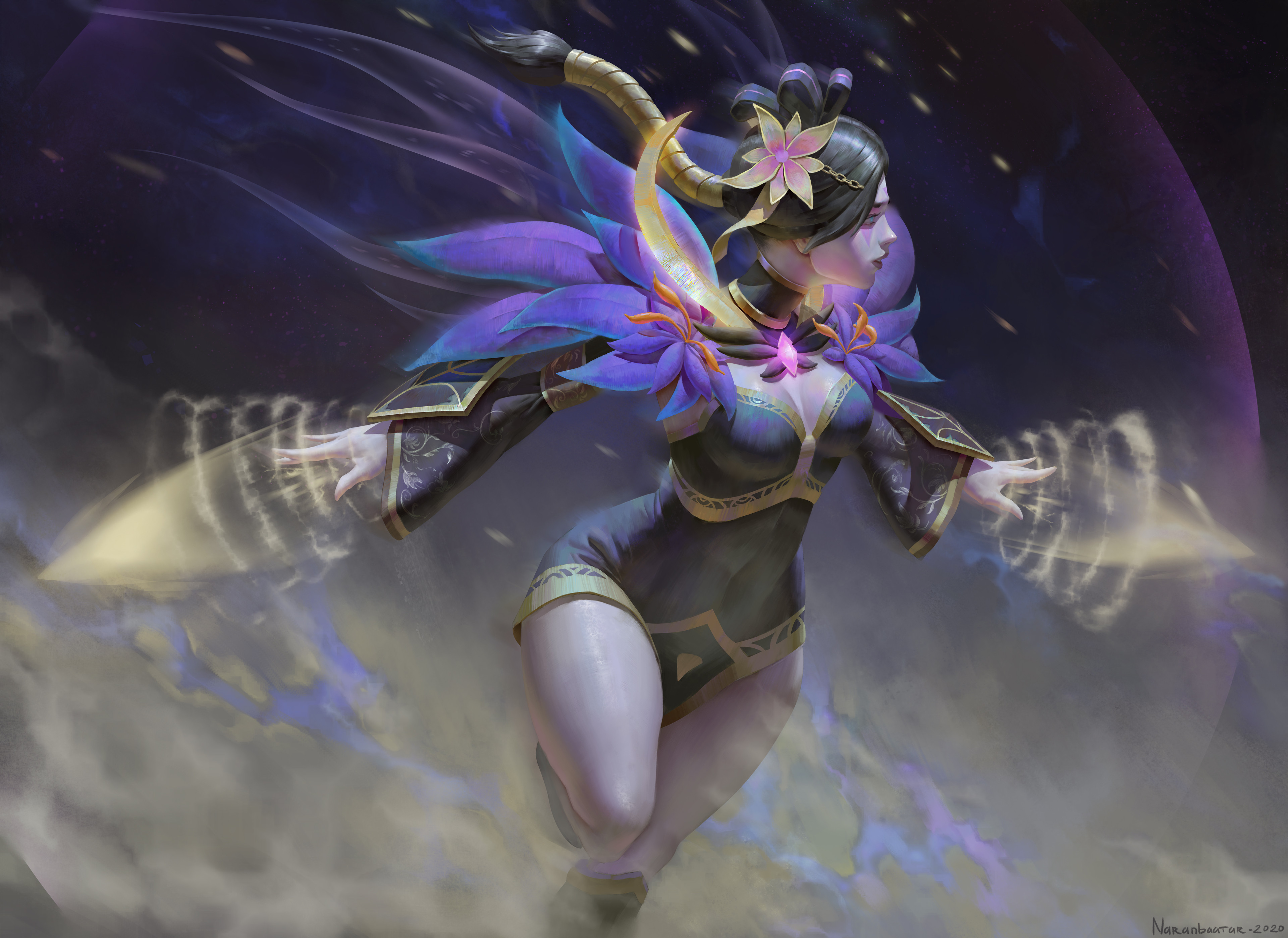 naranbaatars, templar assassin (dota), dota (series), dota 2, absurdres, hairstyle request, highres, 2020, arm guards, artist name, black dress, boots, breasts, breasts apart, chasenmage, colored skin, cylinder, detached sleeves, dress, energy blade, flower, fog, from side, gem, knee boots, large breasts, leg up, long hair, motoyui, neck armor, petals, planet, purple gemstone, purple lips, purple skin, short dress, thick thighs, thighs, tight clothes, tight dress, wide sleeves