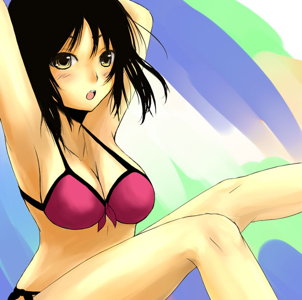 chiko (kanhogo), original, 1girl, bikini, black hair, female focus, solo, swimsuit, yellow eyes