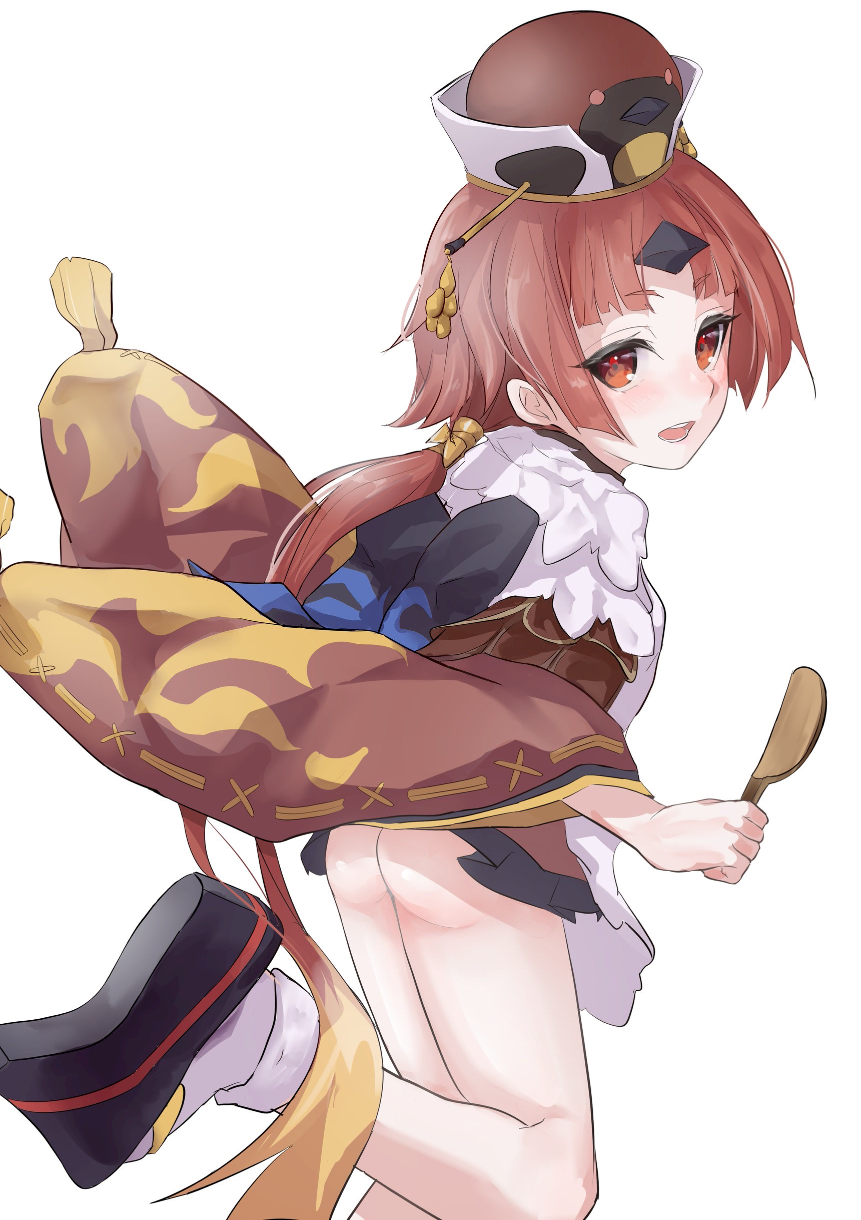 beni-enma, beni-enma (first ascension), fate/grand order, fate (series), absurdres, highres, 1girl, apron, ass, bird hat, blush, breasts, brown hat, feather trim, hat, japanese clothes, kimono, long hair, long sleeves, looking at viewer, looking back, low ponytail, open mouth, parted bangs, platform sandals, ponytail, red eyes, red hair, red kimono, sandals, small breasts, smile, socks, solo, thighs, very long hair, white apron, wide sleeves, zasyuu 11