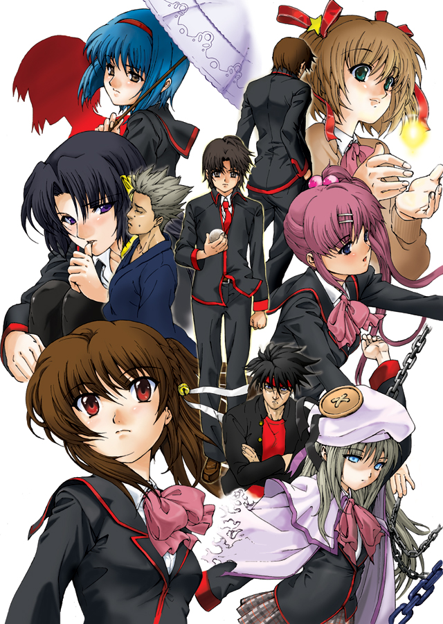 tehen, inohara masato, kamikita komari, kurugaya yuiko, miyazawa kengo, naoe riki, natsume kyousuke, natsume rin, nishizono mio, noumi kudryavka, saigusa haruka, little busters!, 4boys, 6+girls, blazer, blue eyes, blue hair, blush, bow, bowtie, brown hair, everyone, gakuran, hair bobbles, hair ornament, hair ribbon, jacket, long hair, multiple boys, multiple girls, pants, pink bow, pink bowtie, pink eyes, red eyes, ribbon, school uniform, short hair, side ponytail, simple background, standing, white background