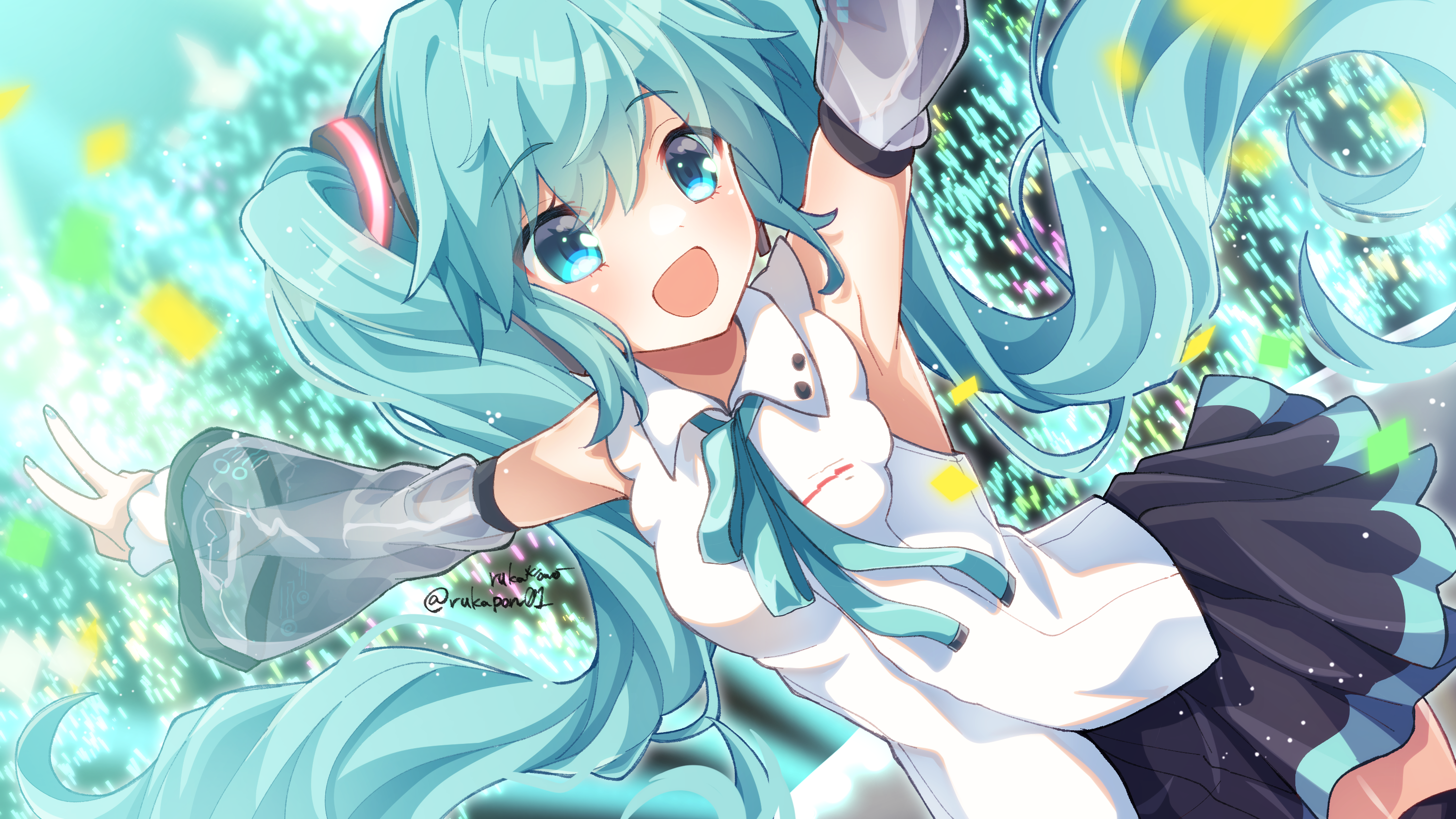 ruka (ponruka), hatsune miku, hatsune miku (nt), vocaloid, highres, 1girl, aqua eyes, aqua hair, aqua nails, aqua ribbon, aqua trim, armpits, arms up, black skirt, blush, breasts, collared shirt, hair between eyes, hair ornament, long hair, long sleeves, medium breasts, miku day, official alternate costume, open mouth, ribbon, see-through clothes, see-through sleeves, shirt, skirt, sleeveless, sleeveless shirt, smile, solo, twintails, twitter username, very long hair, white shirt, wide sleeves