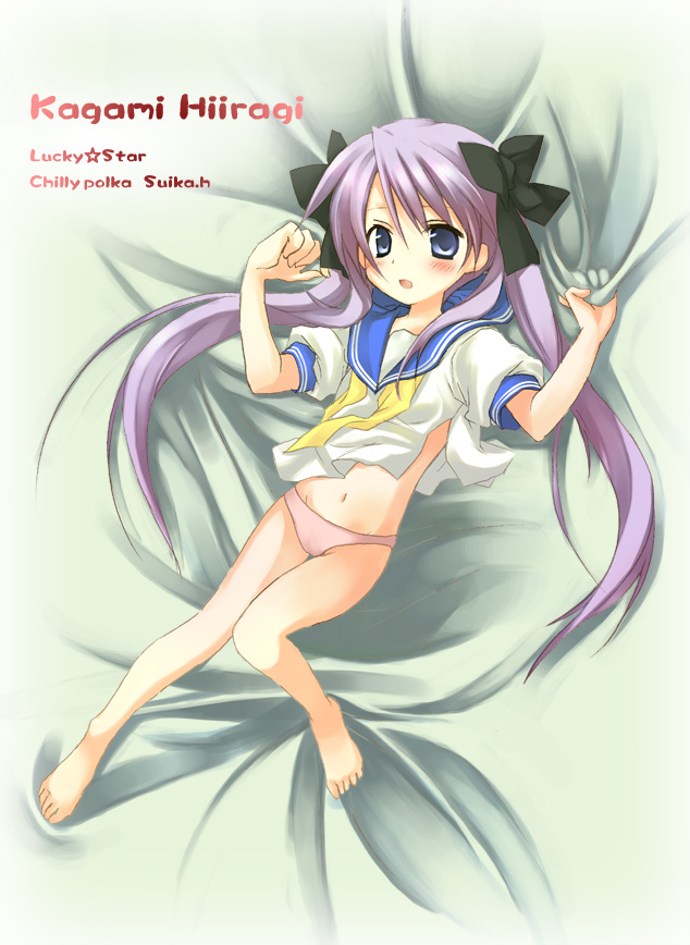 hizimiya suika, suimya, hiiragi kagami, lucky star, 00s, 1girl, :o, barefoot, bed sheet, blue eyes, blush, character name, female focus, long hair, lying, neck ribbon, on back, panties, pink panties, purple hair, ribbon, school uniform, serafuku, sheet grab, solo, twintails, underwear, undone neck ribbon