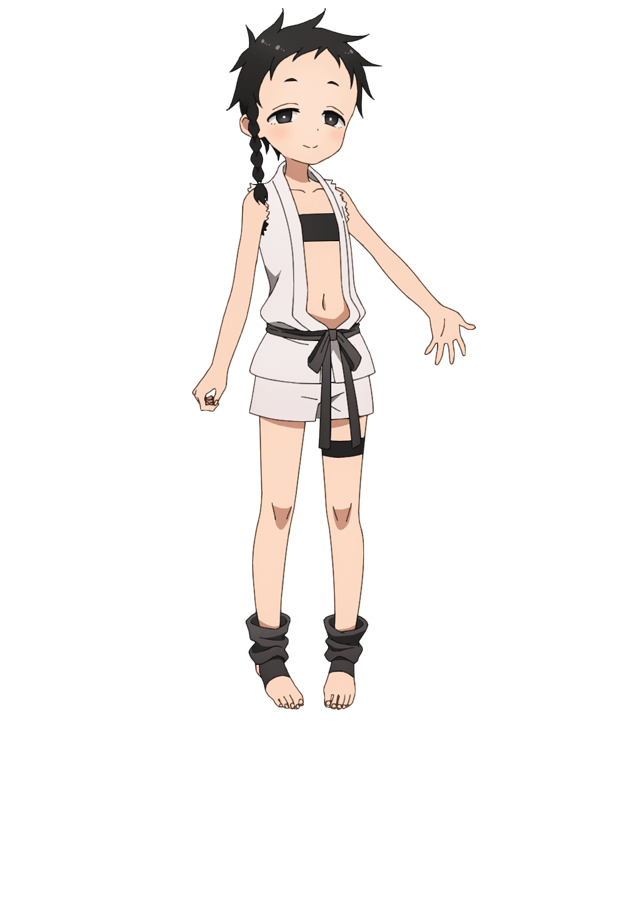 okuda yousuke, hasu (kunoichi tsubaki no mune no uchi), kunoichi tsubaki no mune no uchi, official art, 1girl, anime coloring, black eyes, black hair, black sash, black socks, black tube top, braid, breasts, closed mouth, collarbone, flat chest, full body, japanese clothes, kimono, looking at viewer, midriff, navel, ninja, open clothes, sash, short hair, short shorts, shorts, side braid, simple background, sleeveless, sleeveless kimono, socks, solo, spiked hair, standing, strapless, tachi-e, tareme, thigh strap, toeless legwear, transparent background, tube top, very short hair, white kimono, white shorts