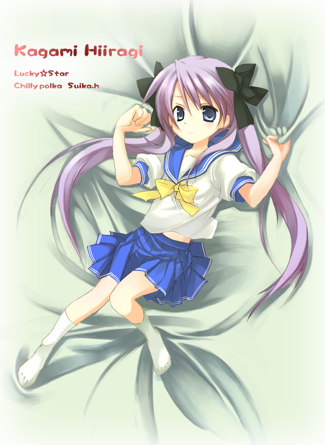 hizimiya suika, suimya, hiiragi kagami, lucky star, 00s, 1girl, bed sheet, blue eyes, character name, female focus, kneehighs, long hair, lying, on back, pleated skirt, purple hair, school uniform, serafuku, sheet grab, skirt, socks, solo, twintails, white socks