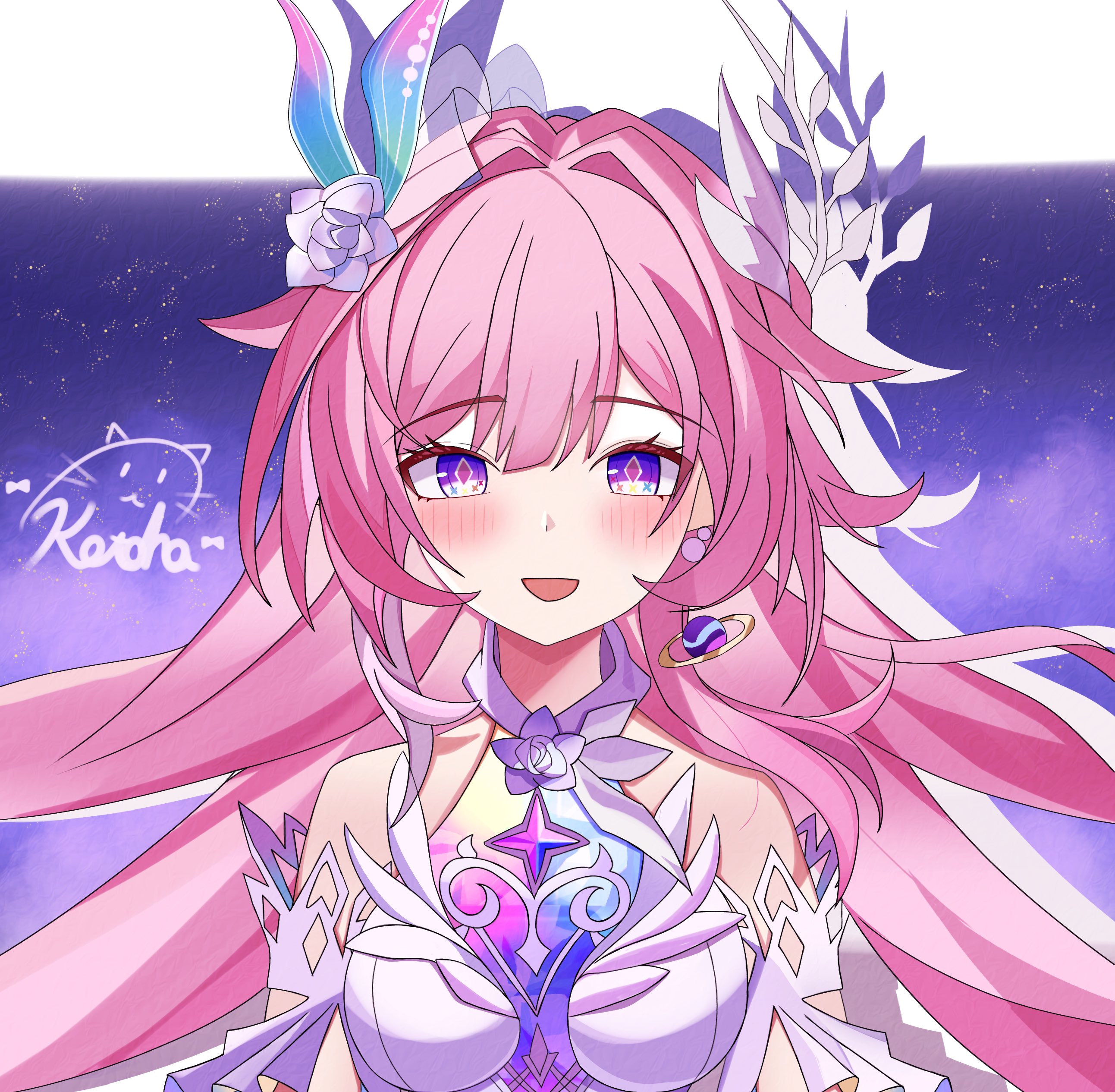 kotohaneko 0307, cyrene (honkai: star rail), cyrene (ripples of past reverie) (honkai: star rail), honkai: star rail, honkai (series), absurdres, hashtag-only commentary, highres, 1girl, artist name, bare shoulders, breasts, diamond-shaped pupils, diamond (shape), dress, earrings, flower, hair flower, hair ornament, halo, jewelry, large breasts, long hair, looking at viewer, open mouth, pink hair, purple eyes, purple sky, sky, smile, solo, star (sky), starry sky, symbol-shaped pupils, very long hair, white dress
