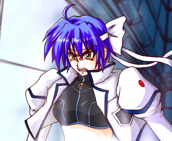 subaru nakajima, lyrical nanoha, mahou shoujo lyrical nanoha, mahou shoujo lyrical nanoha strikers, 00s, 1girl, angry, blue hair, female focus, magical girl, midriff, ribbon, short hair, solo, yellow eyes