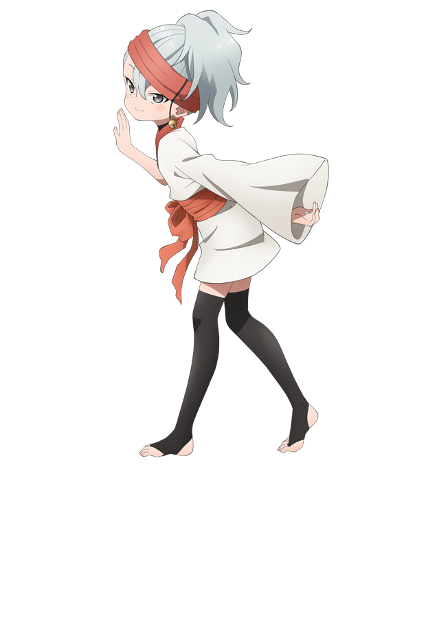 okuda yousuke, uikyou (kunoichi tsubaki no mune no uchi), kunoichi tsubaki no mune no uchi, official art, 1girl, anime coloring, asymmetrical sleeves, bell, bent over, black thighhighs, blush, breasts, bridal legwear, closed mouth, earrings, flat chest, from side, full body, grey eyes, grey hair, hair between eyes, hand up, headband, japanese clothes, jewelry, kimono, long sleeves, looking at viewer, medium hair, ninja, obi, open hand, orange sash, ponytail, red headband, sash, simple background, smile, solo, standing, tachi-e, thighhighs, toeless legwear, transparent background, tsurime, white kimono, wide sleeves
