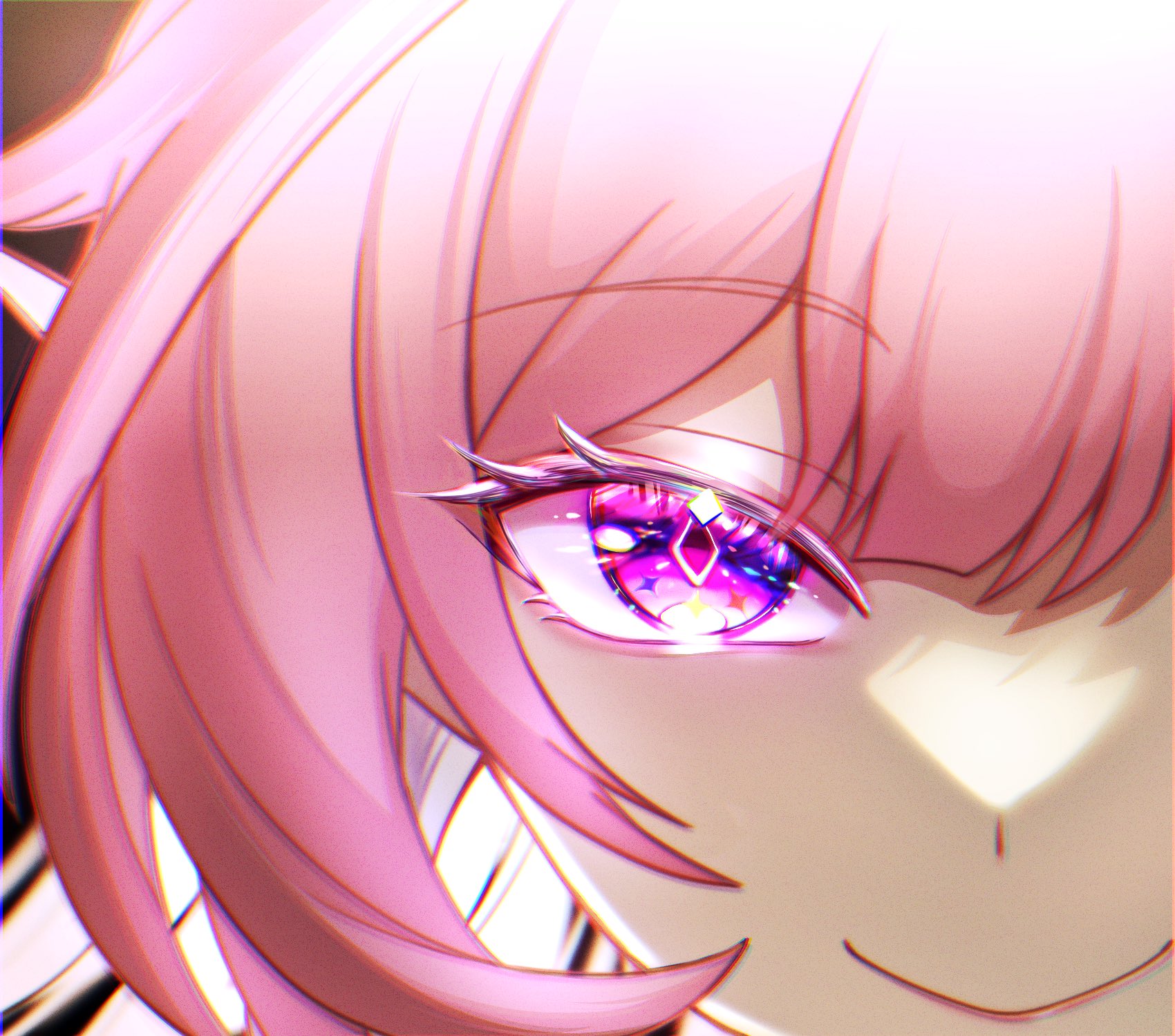 cyrene (honkai: star rail), cyrene (ripples of past reverie) (honkai: star rail), honkai: star rail, honkai (series), commentary request, highres, 1girl, diamond-shaped pupils, diamond (shape), heiwaninetaina, pink hair, pointy ears, portrait, purple eyes, smile, solo, symbol-shaped pupils
