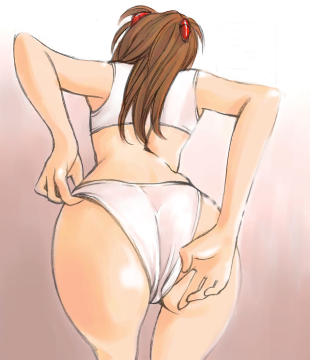 souryuu asuka langley, neon genesis evangelion, artist request, 1girl, adjusting clothes, adjusting panties, ass, ass focus, back, bare legs, bent over, bra, brown hair, curvy, female focus, from behind, from below, huge ass, interface headset (evangelion), long hair, panties, red hair, shiny skin, skindentation, solo, sports bra, underwear, underwear only, white panties