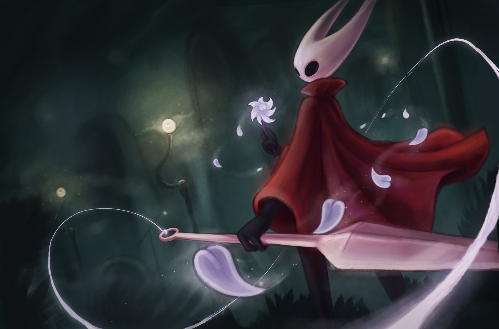 hornet (hollow knight), hollow knight, hollow knight: silksong, highres, 1girl, black eyes, cloak, flower, from behind, gs bee, holding, holding flower, holding weapon, horns, no pupils, red cloak, simple background, solo, string, weapon, white flower