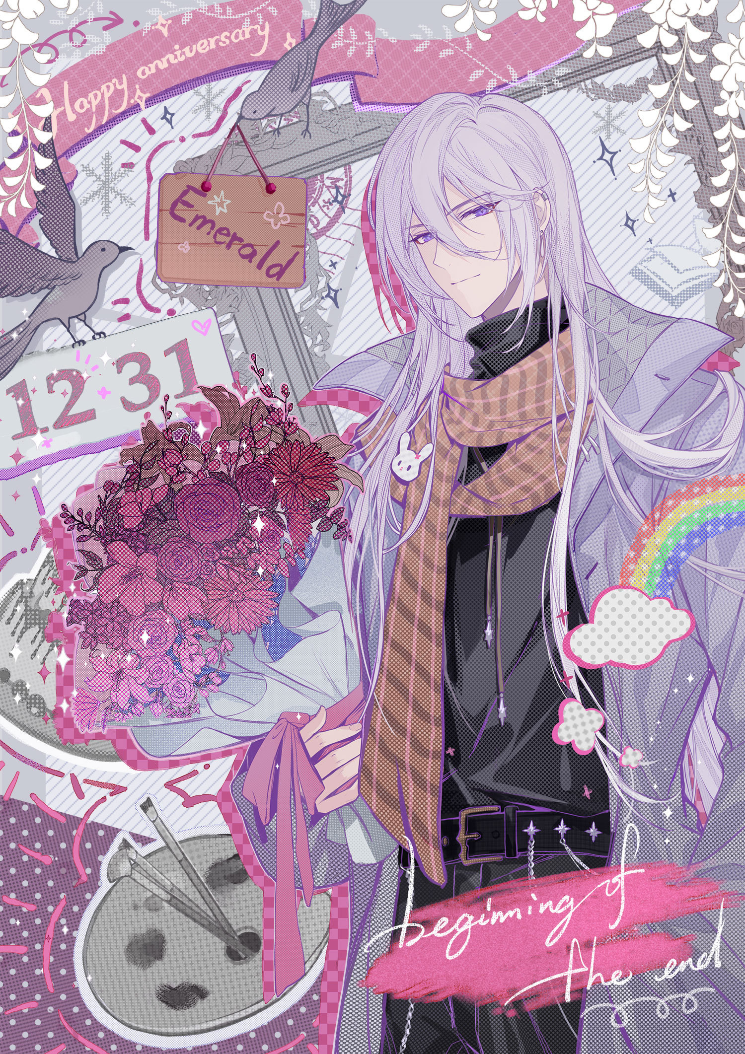 cael anselm, lovebrush chronicles, chinese commentary, highres, official art, 1boy, belt, belt buckle, bird, birthday cake, black belt, black pants, black shirt, bolo tie, book, bouquet, brown scarf, buckle, cake, character name, closed mouth, coat, cowboy shot, dated, drop shadow, earclip, earrings, empty picture frame, english text, flower, food, gerbera, grey background, grey coat, hair between eyes, hand in pocket, happy anniversary, holding, holding bouquet, jewelry, lily (flower), long bangs, long hair, long hair between eyes, long sleeves, looking at viewer, male focus, notice lines, open book, open clothes, open coat, paint palette, pants, picture frame, pink flower, pink ribbon, pink rose, polka dot, polka dot background, postage stamp, purple background, purple eyes, rabbit brooch, rainbow, ribbon, rose, scarf, shirt, sideways glance, sign, smile, snowflakes, solo, sparkle, standing, striped background, striped clothes, striped scarf, teardrop earrings, turtleneck, turtleneck shirt, very long hair, white hair, wisteria