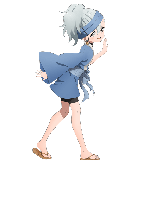 okuda yousuke, kikyou (kunoichi tsubaki no mune no uchi), kunoichi tsubaki no mune no uchi, official art, 1girl, :d, anime coloring, asymmetrical sleeves, bell, bent over, bike shorts, blue headband, blue kimono, blue sash, breasts, closed mouth, earrings, flat chest, from side, full body, grey eyes, grey hair, hair between eyes, headband, japanese clothes, jewelry, kimono, long sleeves, looking at viewer, medium hair, ninja, obi, open mouth, ponytail, sash, simple background, smile, solo, standing, tachi-e, transparent background, waraji, wide sleeves