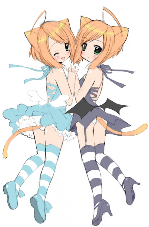 kuro (nyago kuromaru), striped, 2girls, ahoge, animal ears, blonde hair, cat ears, cat tail, green eyes, high heels, kneehighs, multiple girls, panties, shoes, socks, suspenders, tail, thighhighs, underwear, wings